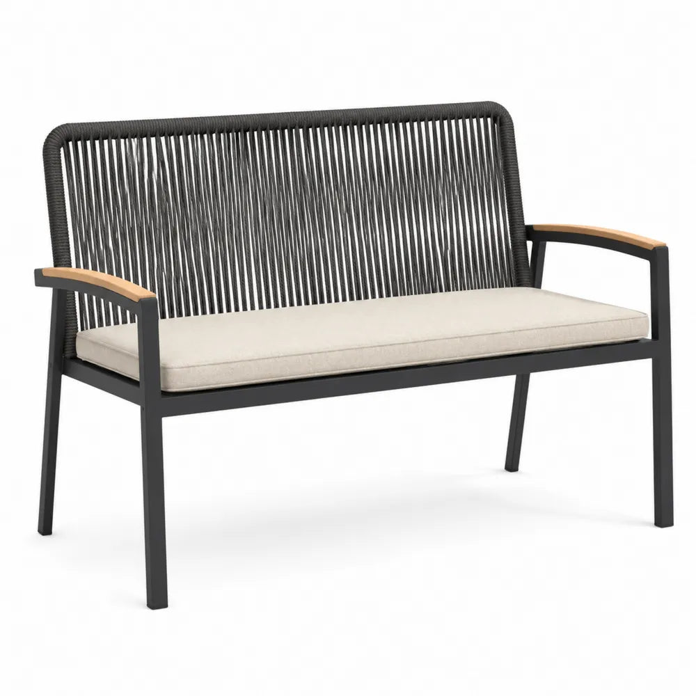 Panca da esterno in alluminio e corda con cuscino crema, 130 cm
