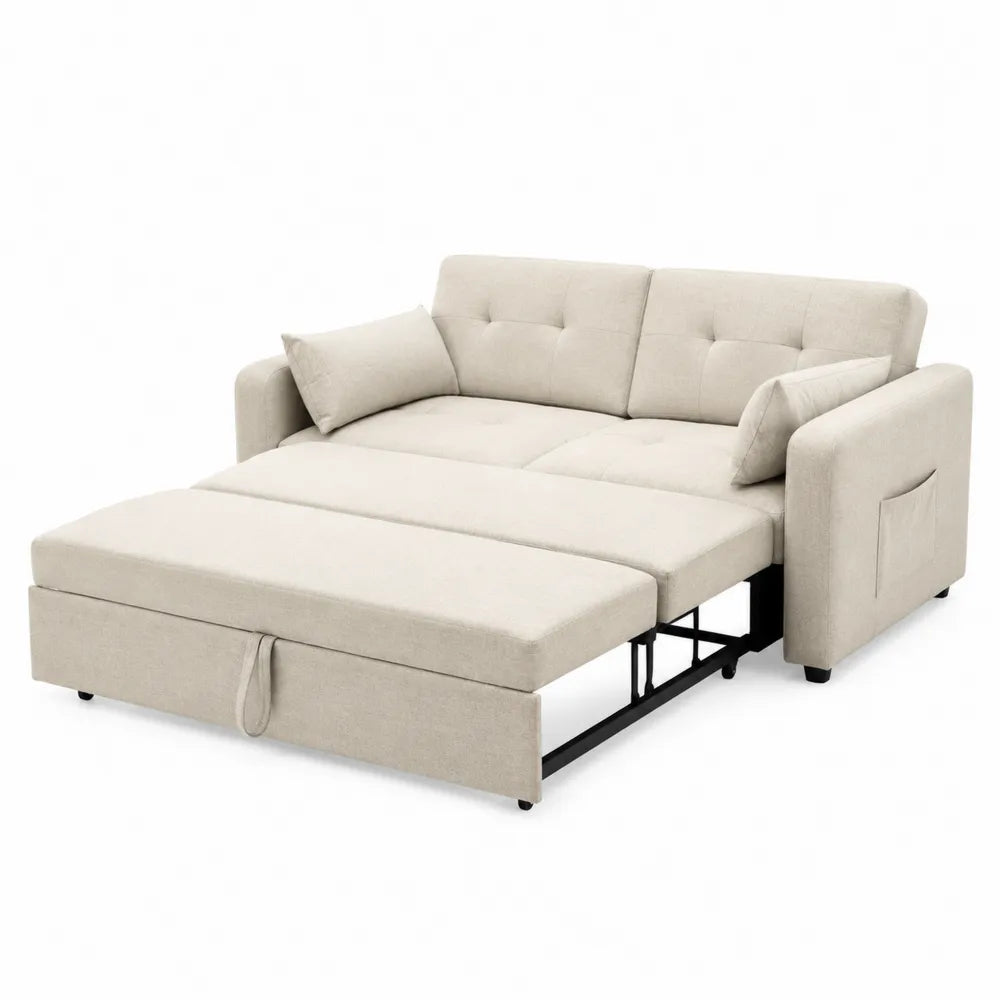 Divano Letto in Tessuto Beige con Struttura in Metallo e Legno