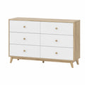 Cassettiera in legno e MDF bianca e rovere, 6 cassetti, 120x40x78 cm