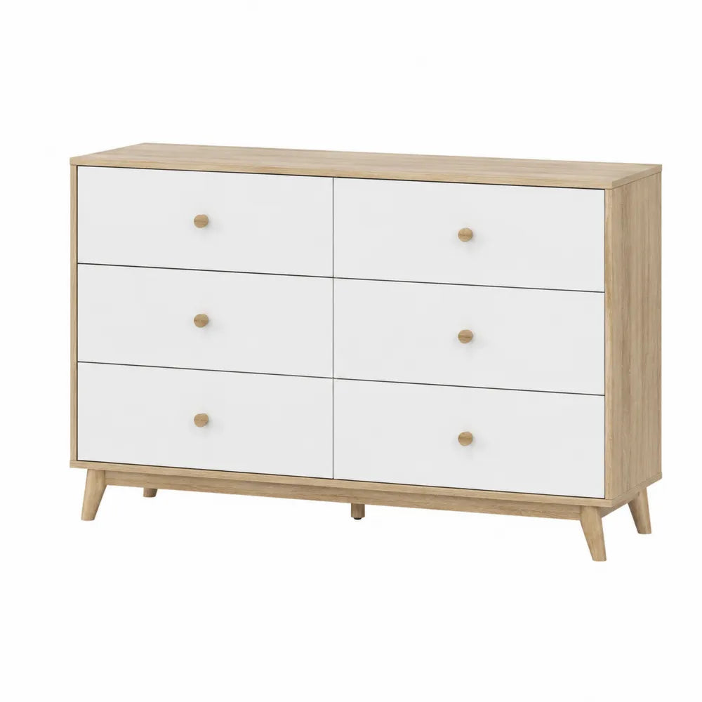 Cassettiera in legno e MDF bianca e rovere, 6 cassetti, 120x40x78 cm