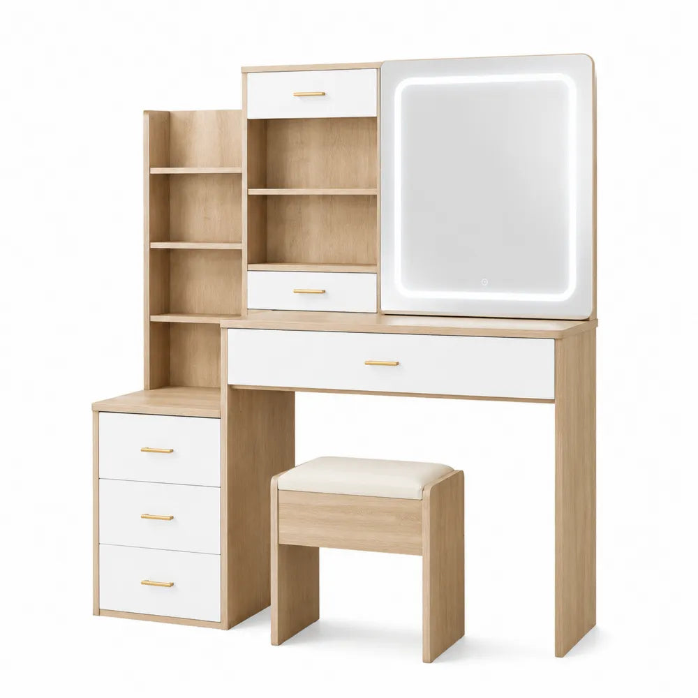 Tavolo da Trucco in Legno con Specchio Illuminato e Sgabello, Rovere Chiaro e Bianco