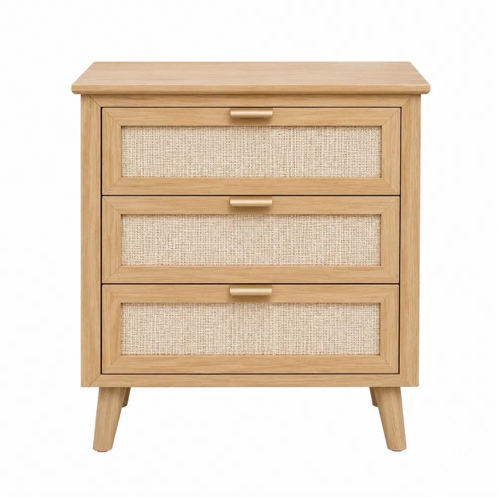 Cassettiera in legno e rattan con 3 cassetti