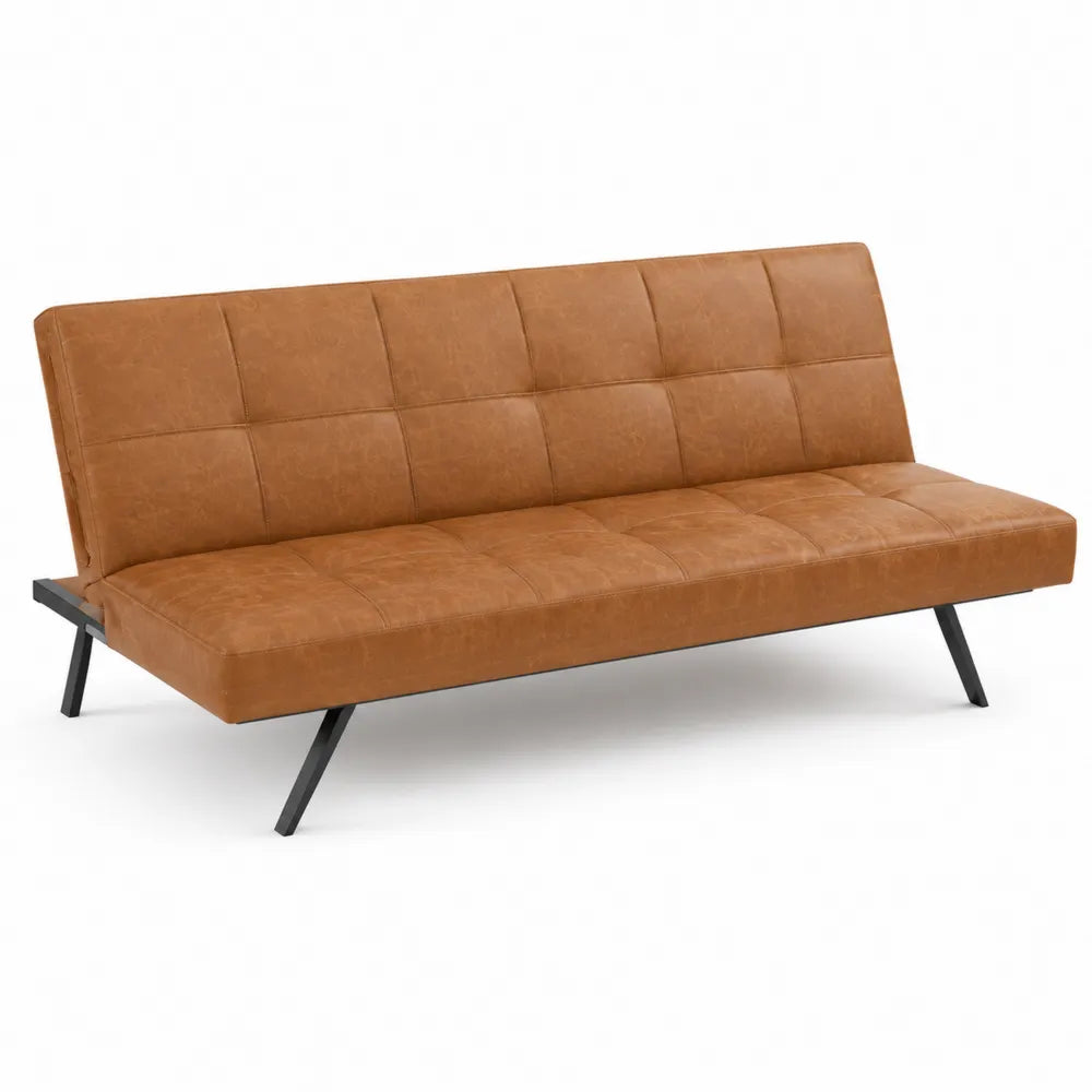 Divano letto in similpelle marrone con struttura in metallo