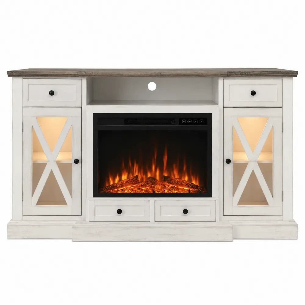 Credenza TV in Legno e Vetro Temperato con Camino Elettrico Bianco