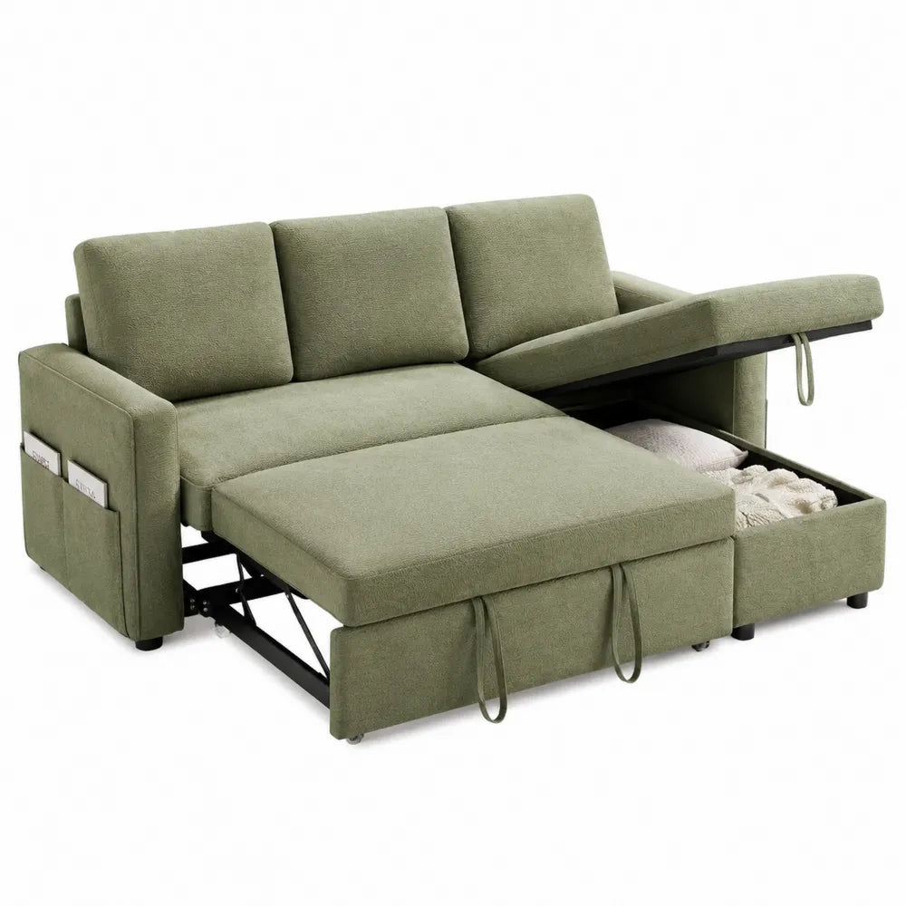 Divano Letto Angolare in Tessuto Verde con Contenitore