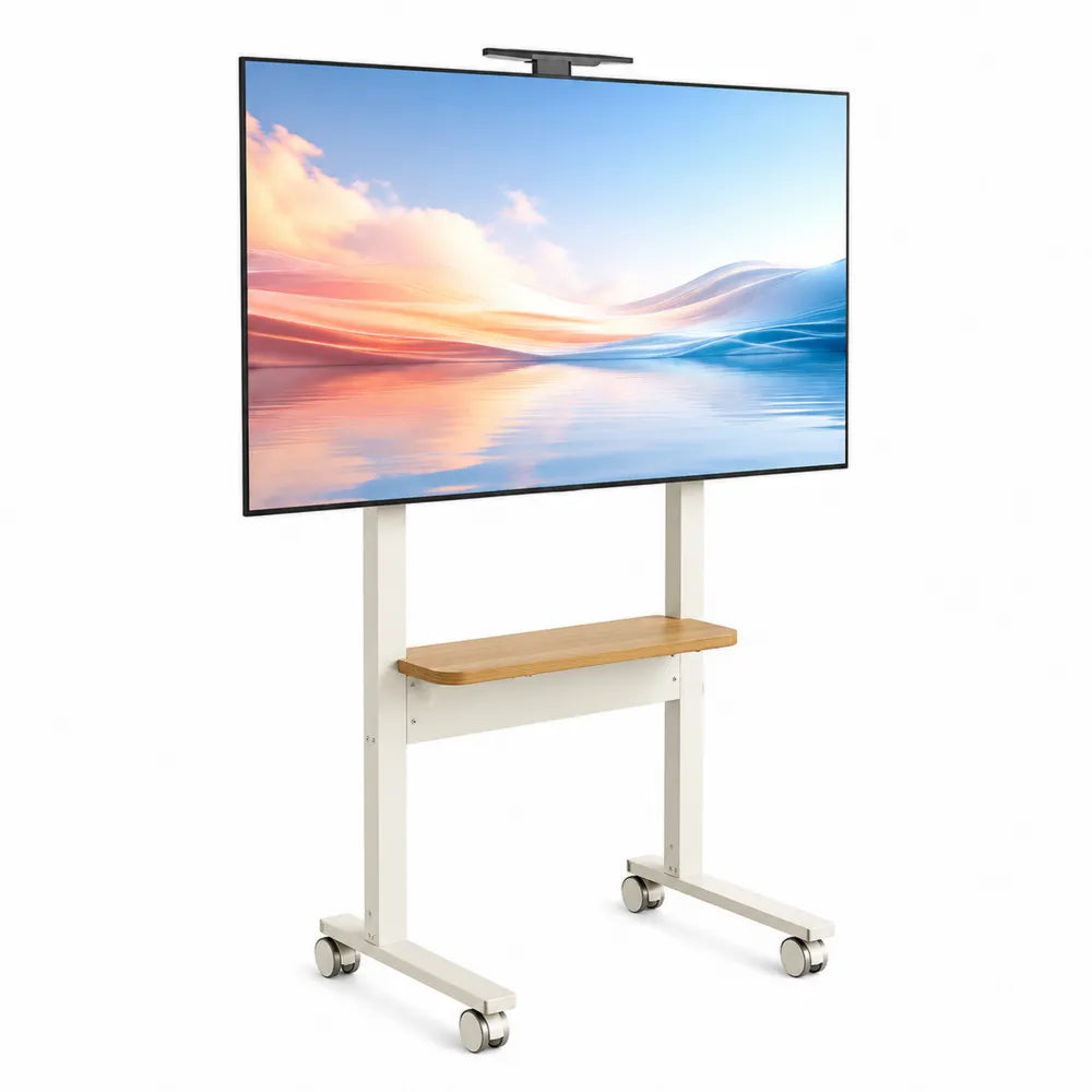 Supporto TV mobile in metallo e legno per schermi fino a 65 pollici, bianco