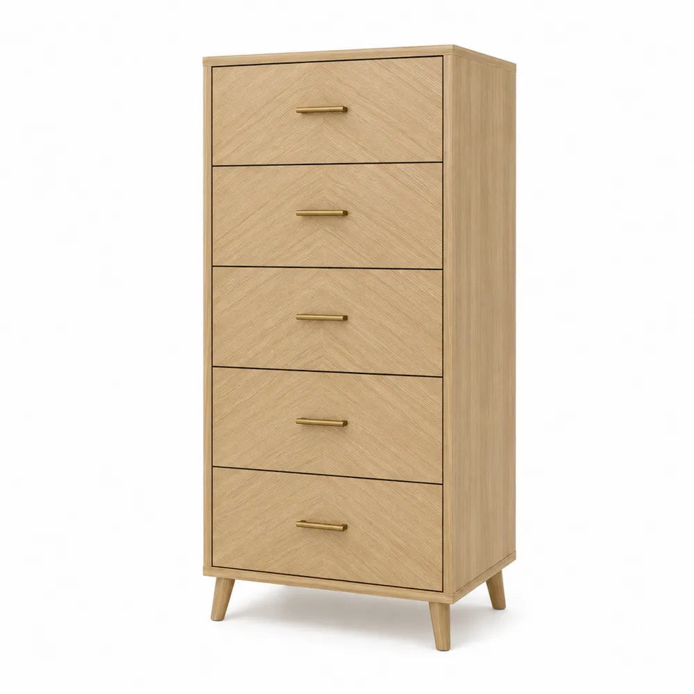 Cassettiera in Legno di Rovere con 5 Cassetti, Colore Rovere, 55x40x120 cm
