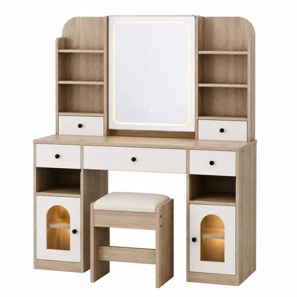 Toletta in Legno con Specchio LED e Sgabello Rovere Chiaro e Bianco