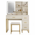 Toletta in MDF e Metallo con Specchio LED e Sgabello Bianco Dorato
