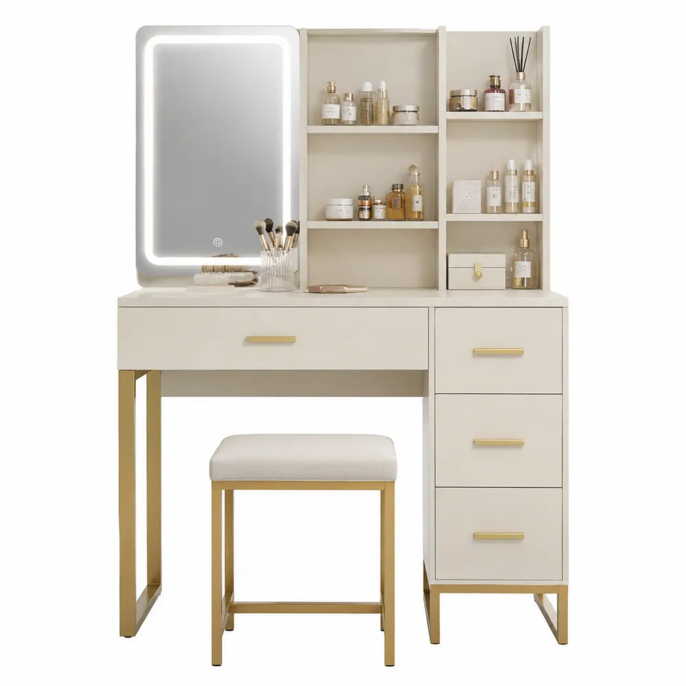 Toletta in MDF e Metallo con Specchio LED e Sgabello Bianco Dorato