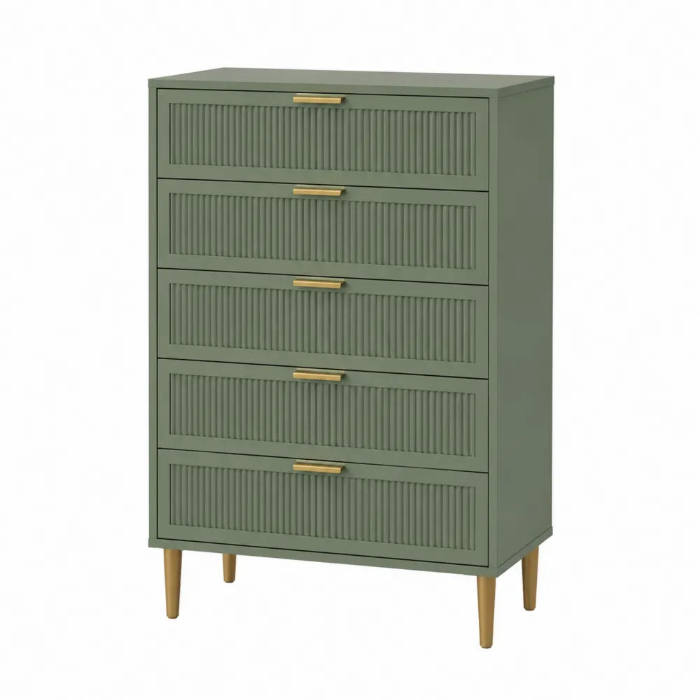 Cassettiera alta cinque cassetti in legno verde con maniglie dorate 120x80x40 cm