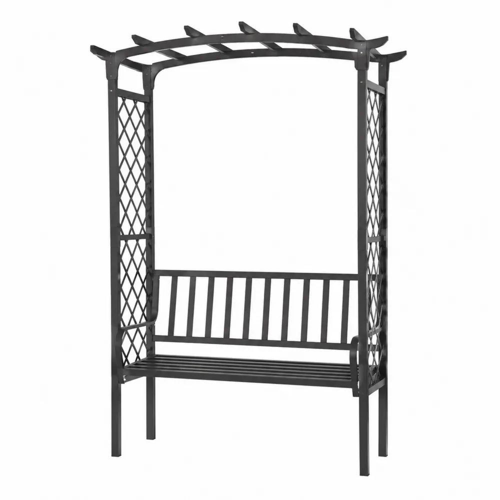 Panca da giardino in metallo nero con pergola