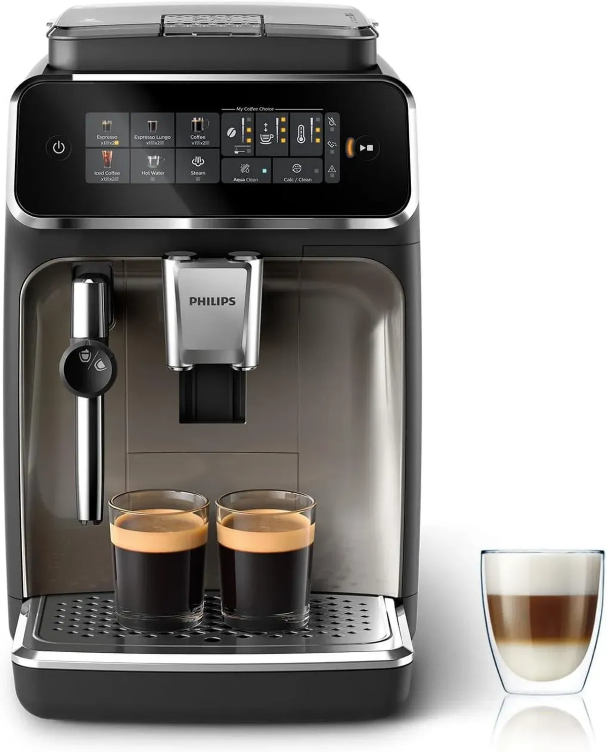 Macchina da Caffè Automatica PHILIPS Serie 3300 - 5 Bevande, Schermo Touch a Colori, Sistema LatteGo, Macinacaffè Ceramico, Filtro AquaClean, Cromo Nero