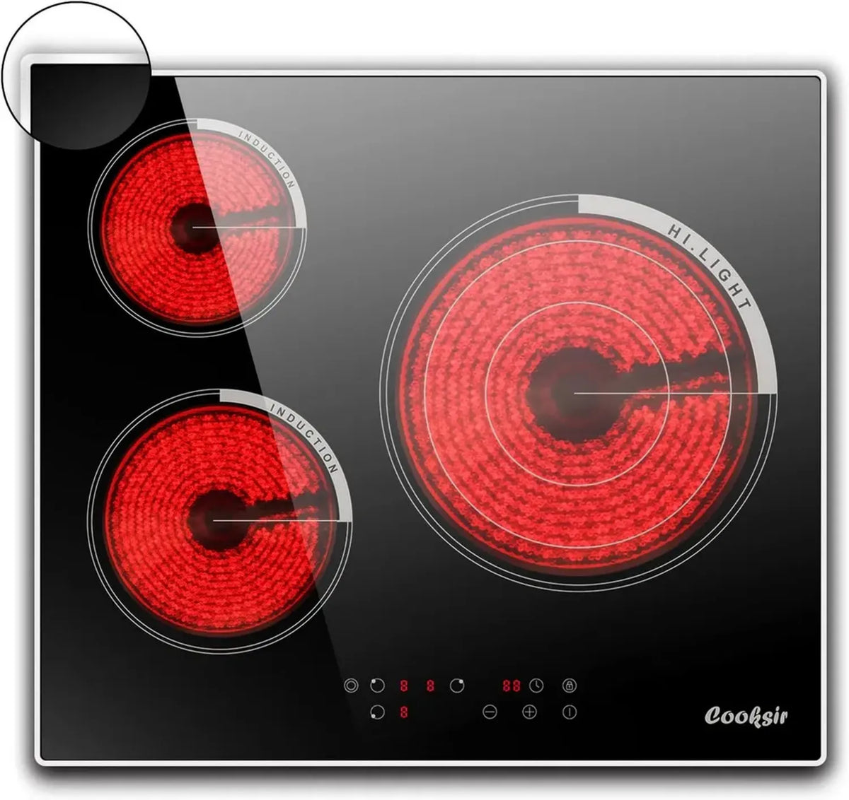 Piano cottura in vetroceramica a 3 zone, 5700W, incasso 60CM, controllo touch, 9 livelli di potenza, timer integrato