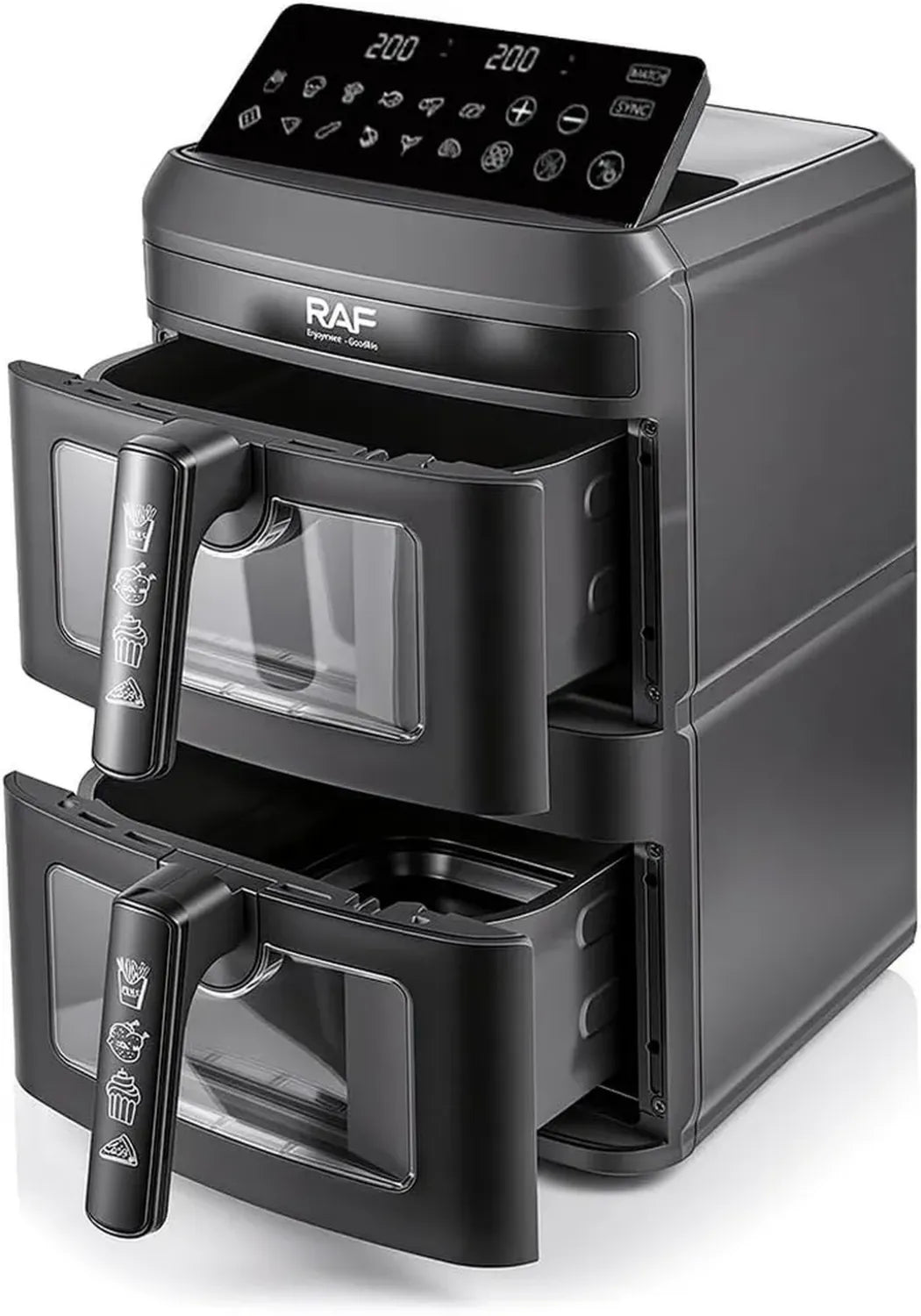 Friggitrice ad Aria Doppio Cestello 14L, 2800W, Funzione Dual Zone, Temperatura Regolabile 60-200°C, Timer 60 Minuti, Design Nero Opaco