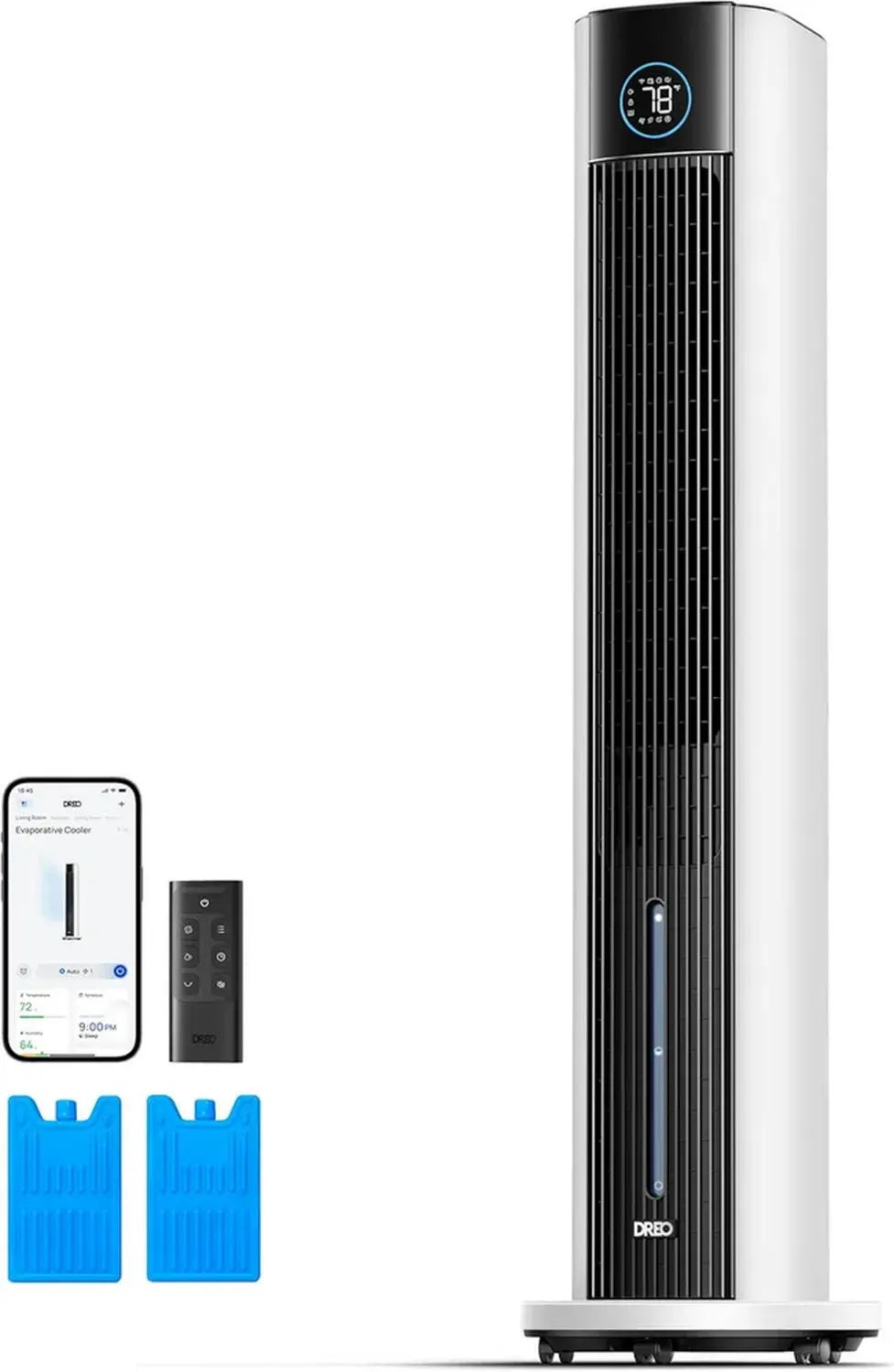 DREO Ventilatore a Torre Silenzioso 110 cm, Controllo APP, 4 Velocità e Modalità, Oscillazione 80°, Timer 12 Ore, Raffreddamento ad Acqua, Bianco