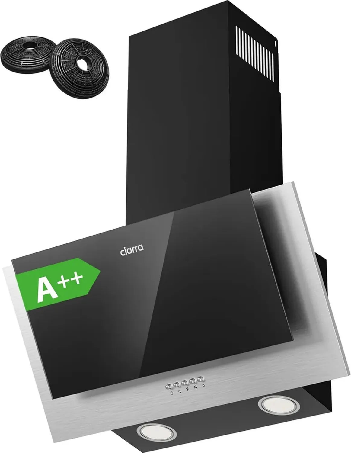 Cappa Aspirante Inclinata Ciarra 60cm, Classe A++, 350m³/h, 3 Velocità, Filtri Carbone, Nero