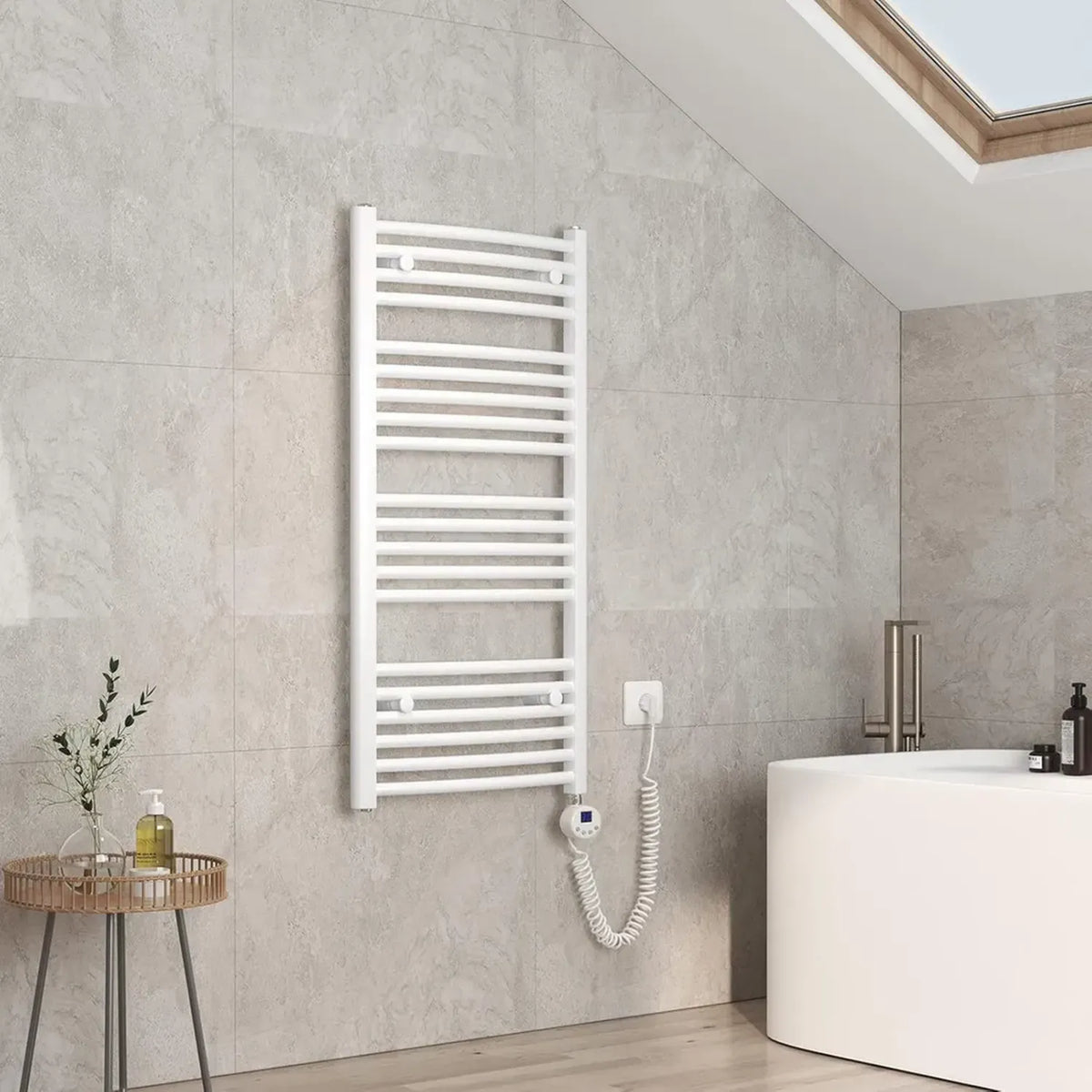 Scaldasalviette Elettrico Curvo con Termostato 100x50 cm, 500W, Bianco