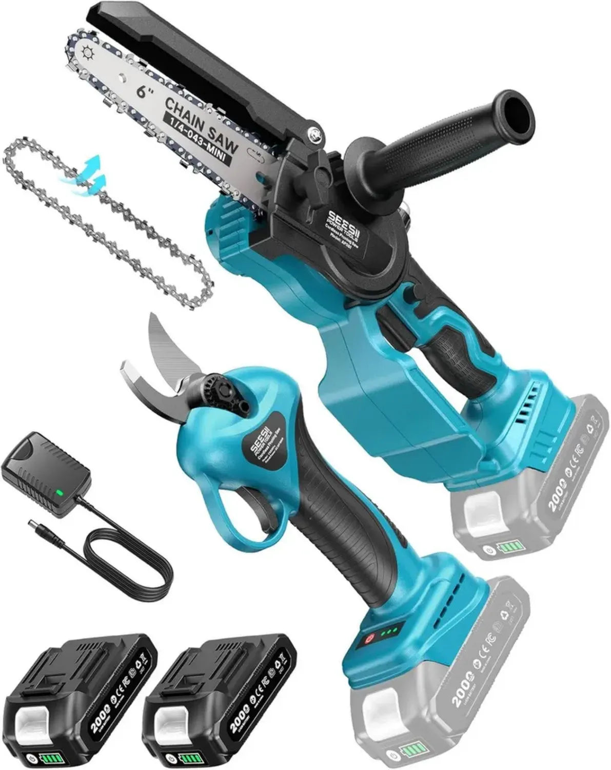 SEESII Kit 2-in-1: Mini Motosega e Forbici Potatura a Batteria, 33 mm, con 2 Batterie da 2000 mAh e Motore Brushless, Perfetto per Tronchi e Rami