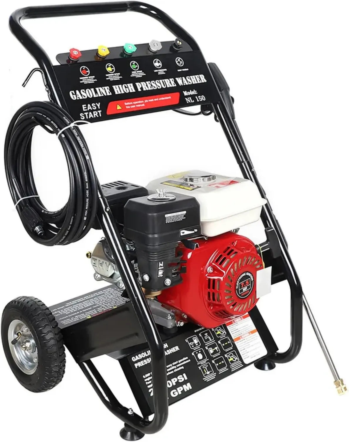 Idropulitrice a benzina 4 tempi 7,5 CV 190 Bar, 5 ugelli, tubo incluso