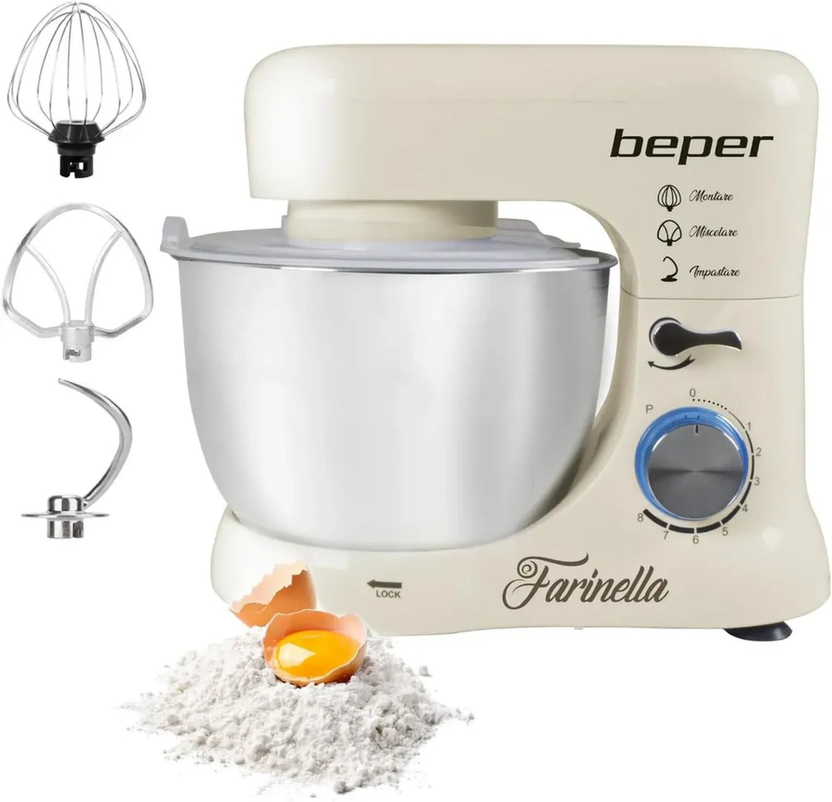 Impastatrice Planetaria Professionale Beper 4,5L, 1000W, 8 Velocità con Funzione Pulse, Accessori Inclusi, Bianco
