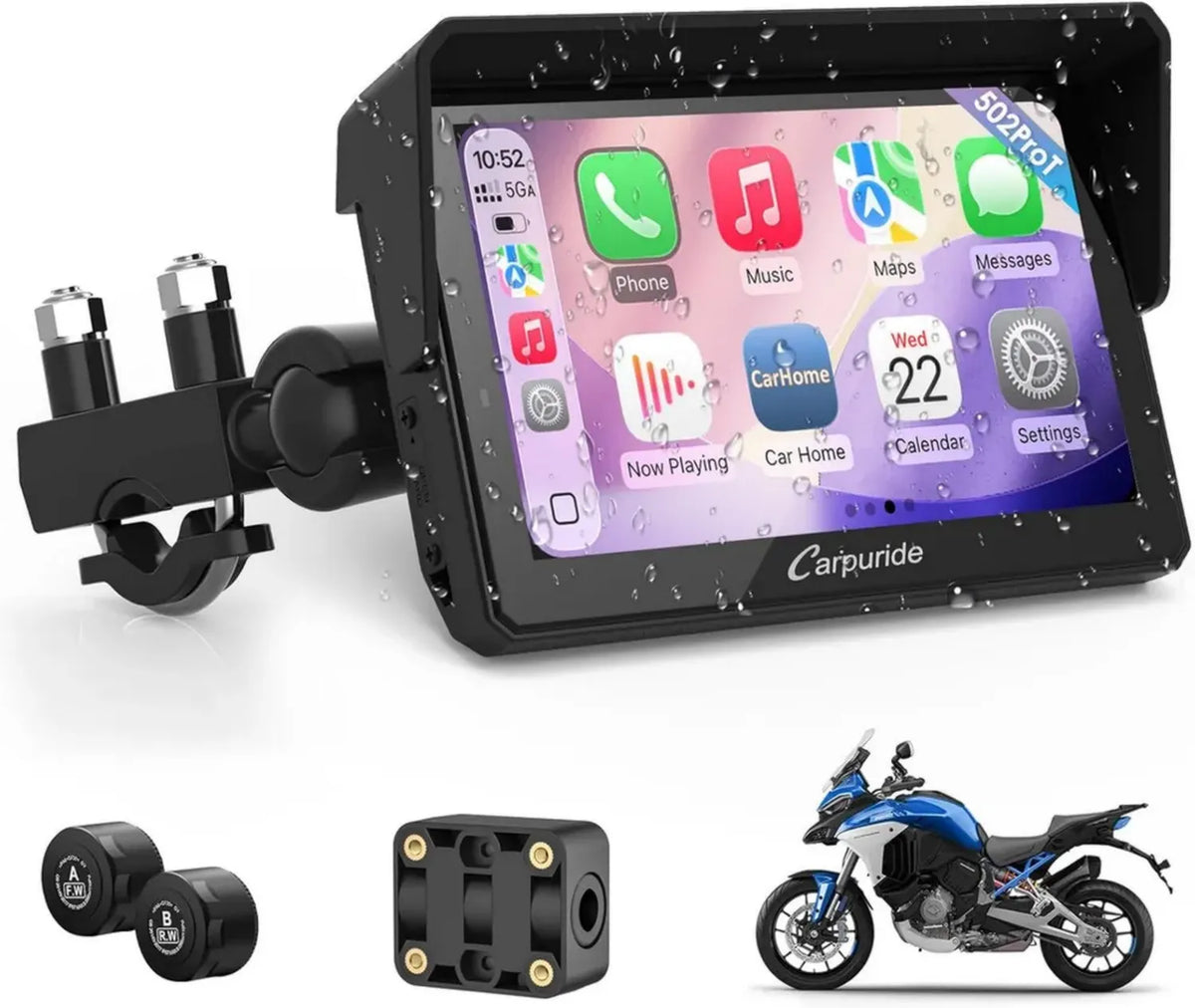 Navigatore Moto Carpuride W502TPRO con CarPlay, Android Auto e TPMS - Schermo GPS 5' Impermeabile