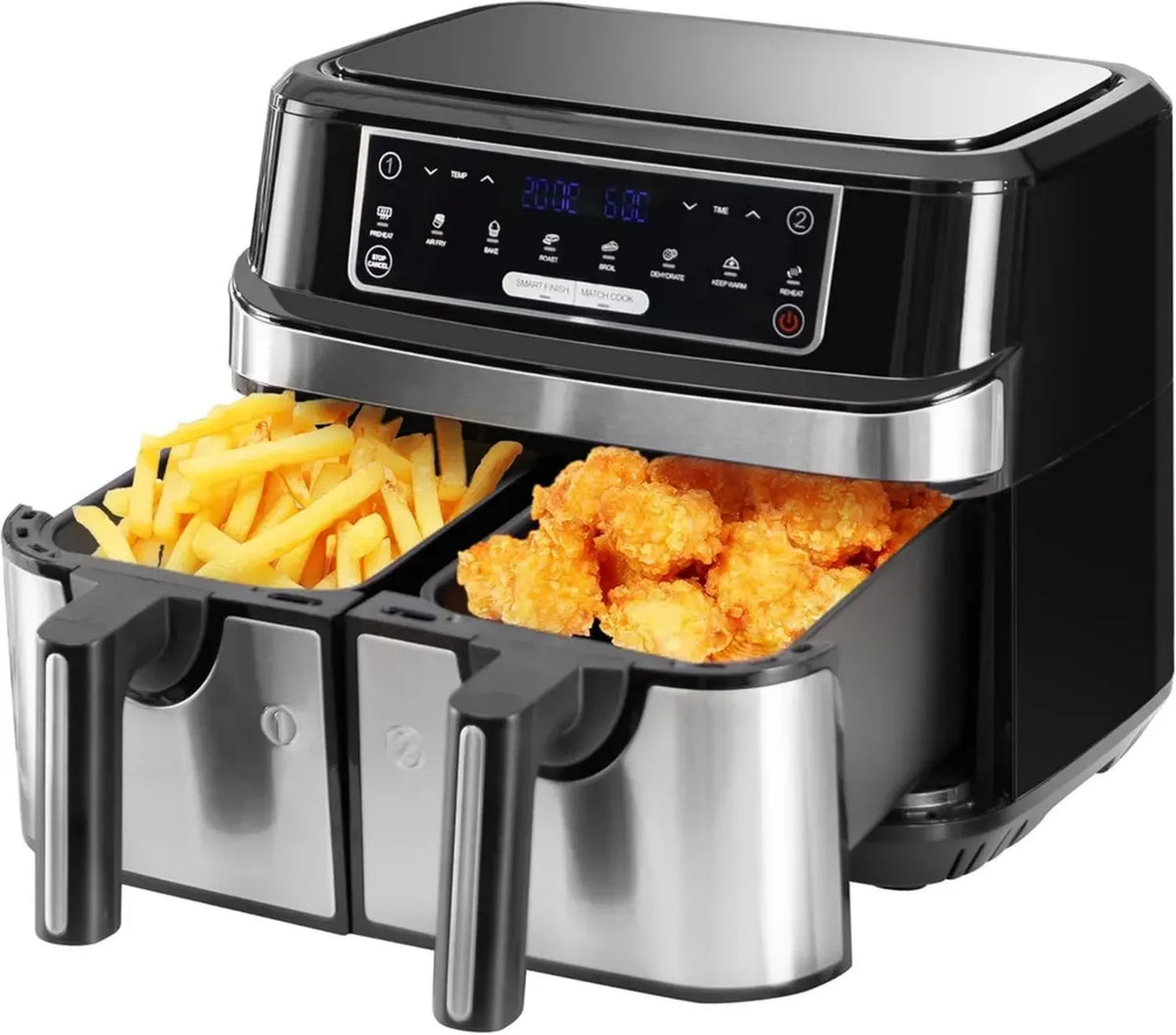 Friggitrice ad Aria Doppia da 9L con Cestelli 2x4,5L, 8 Funzioni, Controllo Temperatura 50-200°C, Timer Touch LED, 2600W