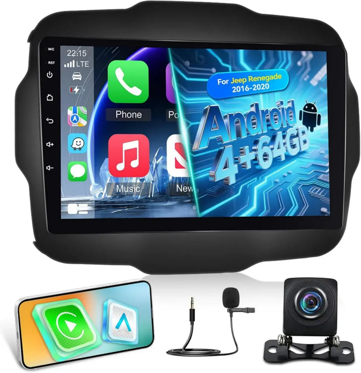 Autoradio Android 9'' per Jeep Renegade 2016-2020, CarPlay e Android Auto Wireless, Schermo IPS, GPS, WiFi, Bluetooth 5.0