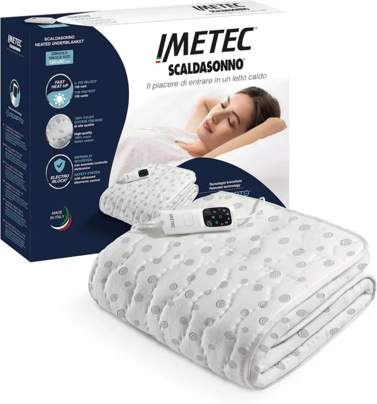 Imetec Coperta Elettrica Adapto, Risparmio Energetico, Riscaldamento Veloce, 6 Livelli di Temperatura, 150x120 cm, 100% Cotone, Made in Italy