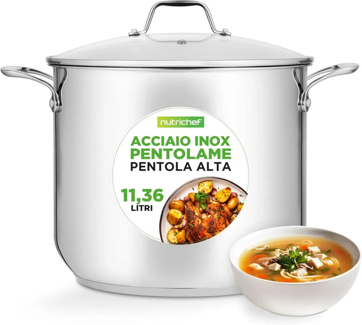 Pentola in Acciaio Inossidabile 12L, Compatibile con Induzione e Lavastoviglie