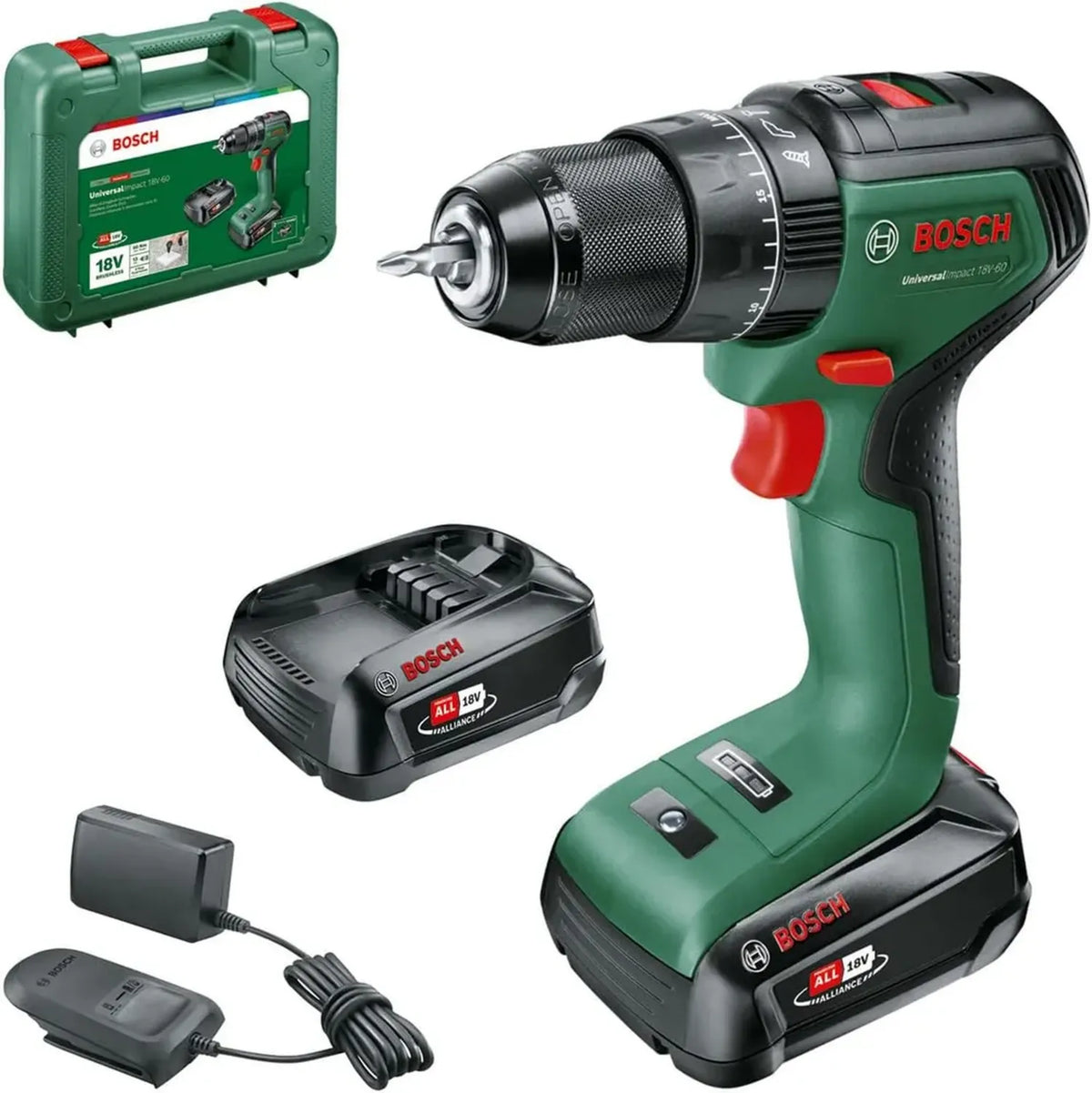 Trapano a Percussione a Batteria Bosch 18V-60 con 2 Batterie da 2,0 Ah e Valigetta