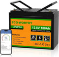 Batteria al Litio 12V 100Ah ECO-WORTHY LiFePO4 con Bluetooth e BMS Integrato, 15000 Cicli, Ideale per Camper e Impianti Solari