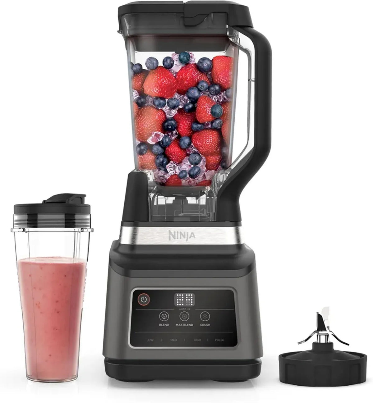 Ninja Frullatore 2 in 1 Potente, 1200W, Caraffa da 2,1L con Tazza da 700ml, 3 Programmi Auto-iQ, 4 Impostazioni Manuali, Lavabile in Lavastoviglie, Colore Nero