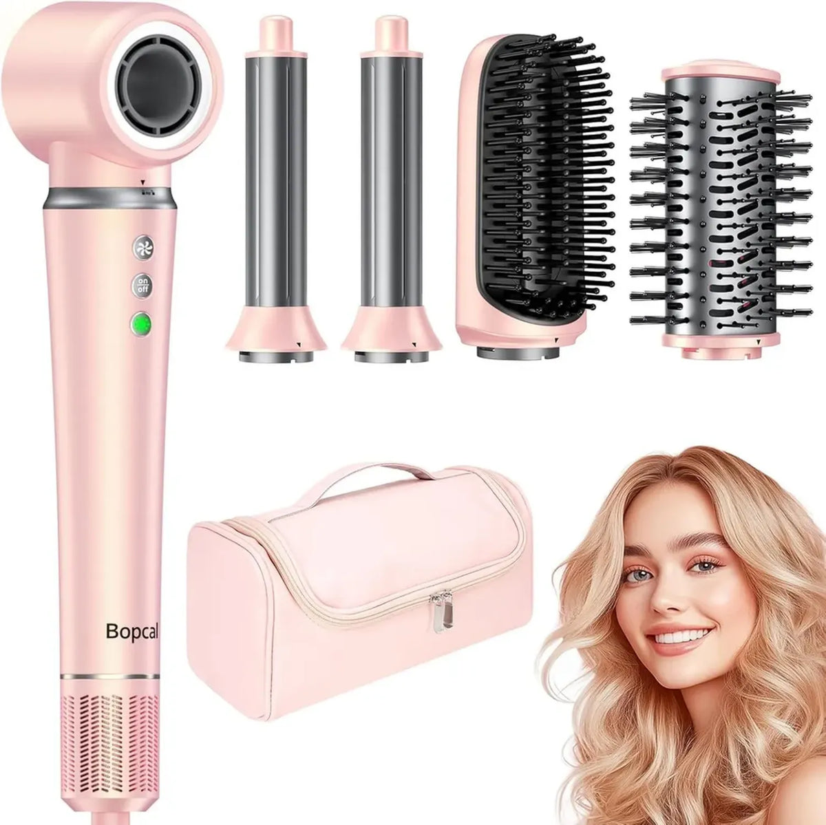 Bopcal Air Styler 5 in 1 Phon Professionale con Accessori - Asciugacapelli 160000 RPM, Arricciacapelli Automatico 32MM, Spazzola Ionica, Lisciatura e Volume