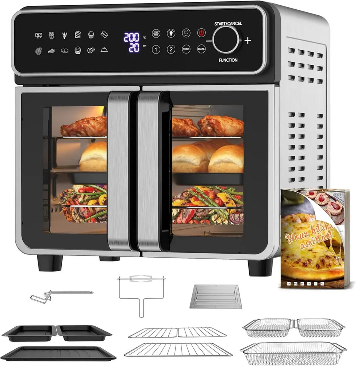 Forno ad Aria Calda XXL 23L con Porte Francesi, 2400W, Dual Zone, 15 Programmi, Ricettario e Accessori