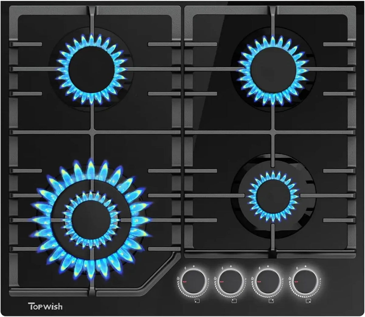 TOPWISH Piano Cottura Gas 4 Fuochi Incasso, Manopole Illuminate Bianche, Convertibile NG/LPG, Protezione Anti-Spegnimento, Accensione Automatica, 60cm, 8000W