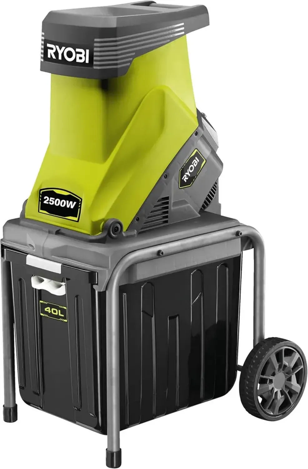 Biotrituratore Elettrico Ryobi 2500W, Tagliafoglie e Rami fino a 45mm, Telaio Robusto, Lame Reversibili, Capacità 40L