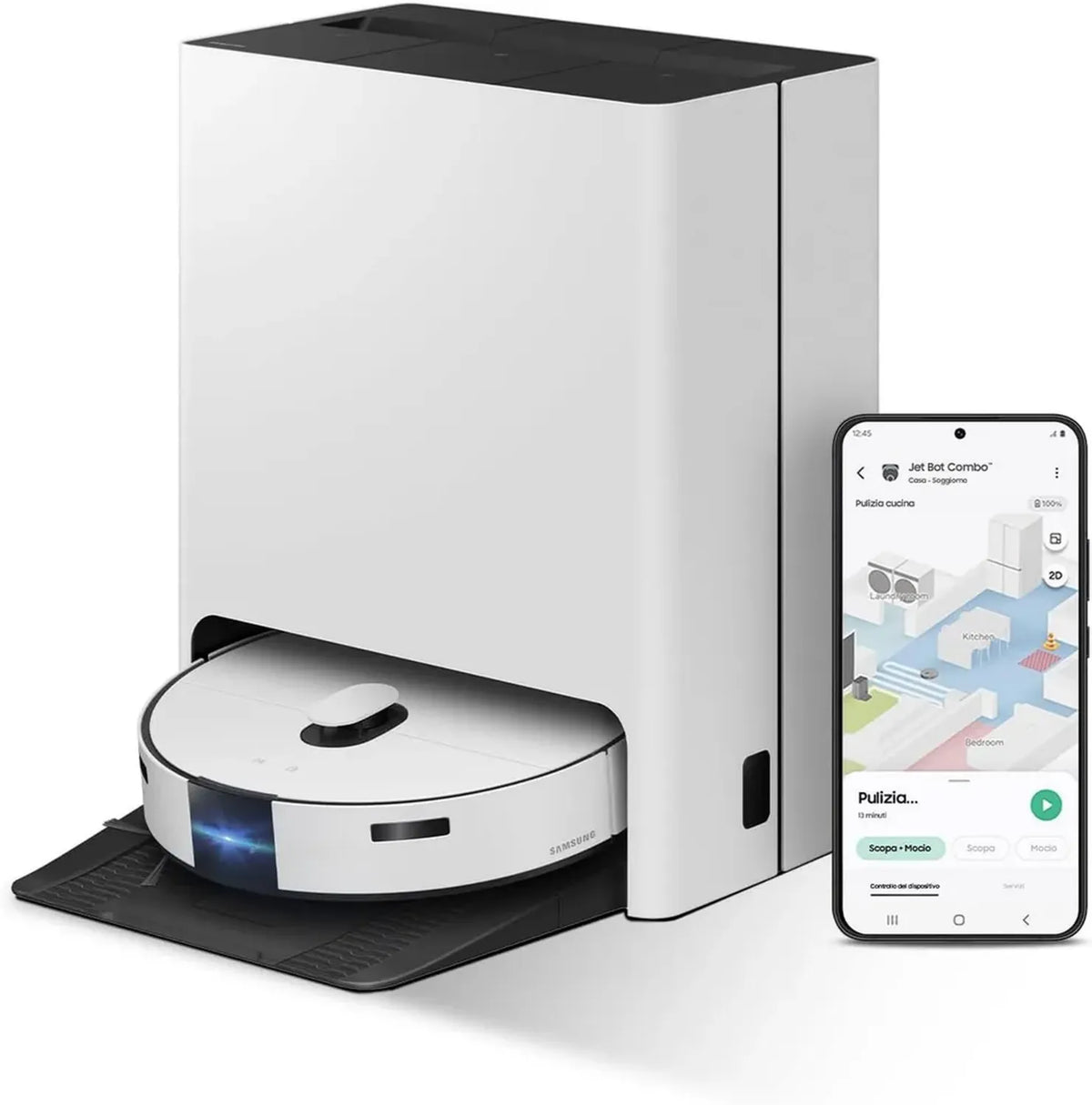Samsung Robot Aspirapolvere Jet Bot Combo con Clean Station, Sensore LiDAR dToF, Cura dei Tappeti, Wi-Fi, 6000 Pa, Autonomia 180 Min, Satin Greige