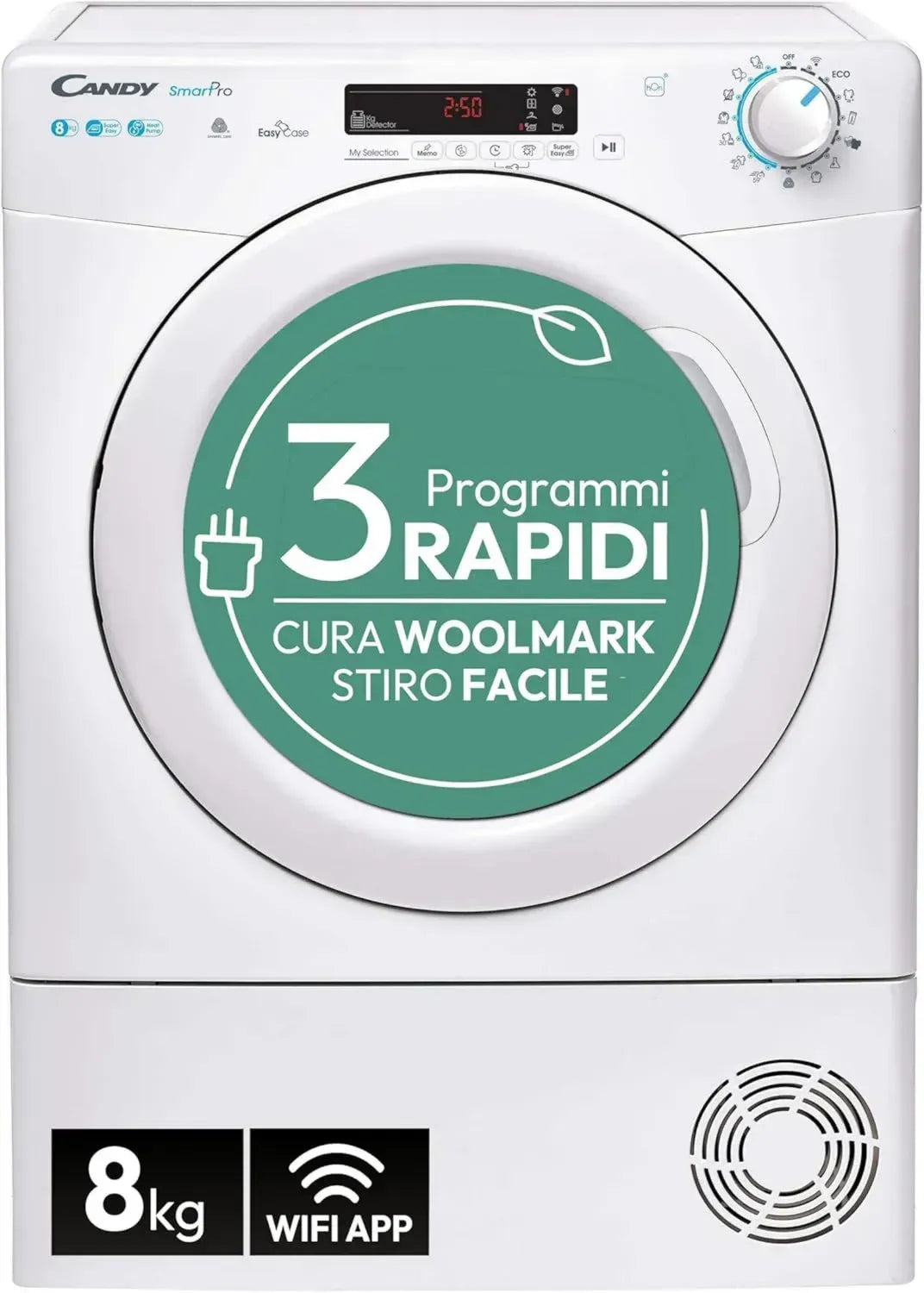 Asciugatrice Candy 8 Kg con Pompa di Calore, NFC, Programma Stiro Facile, Classe Energetica E, Bianco