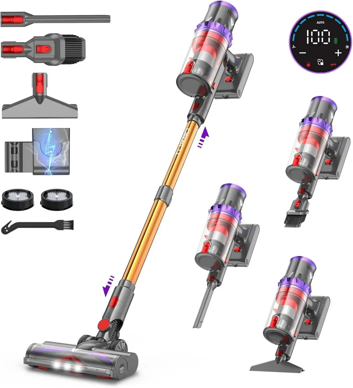 Scopa Elettrica Senza Fili 580W 55000Pa SU7, Potente con Autonomia di 75 Minuti e Touchscreen LED Anti-Groviglio per Tappeti e Pavimenti, Ideale per Peli di Animali