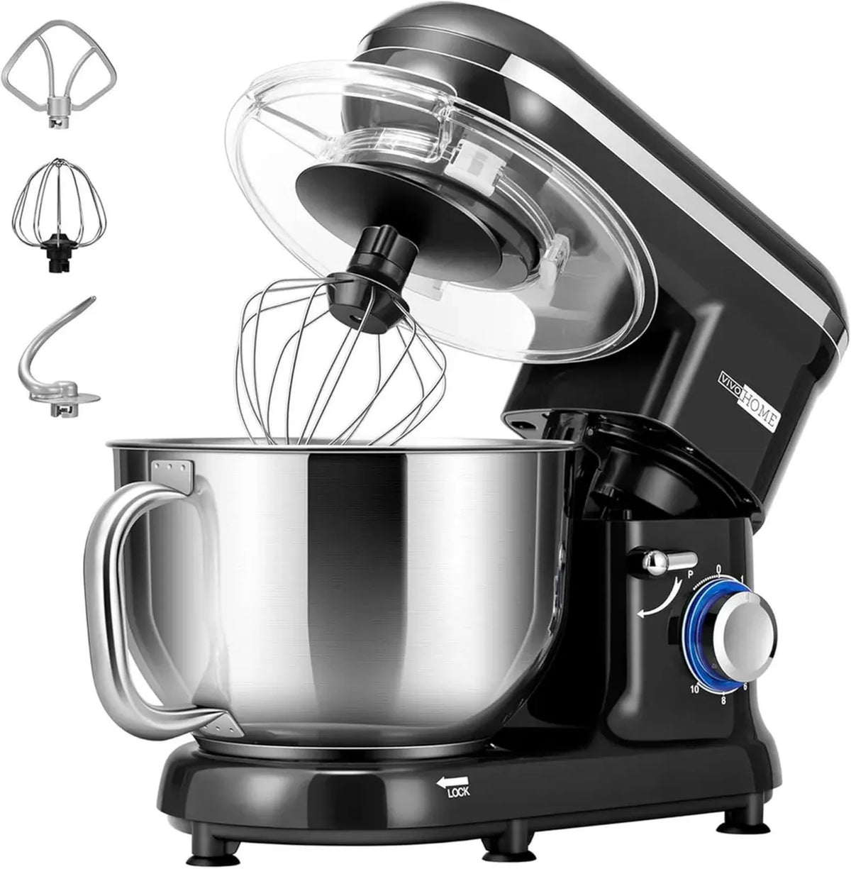 Robot da Cucina VIVOHOME 5,7L 1500W con Ciotola Inox e 10 Velocità, Impastatrice Multiuso con Frusta e Gancio, Colore Nero