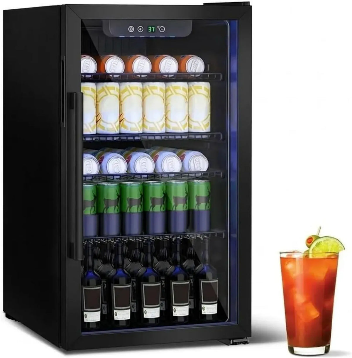 Mini Frigo per Bevande 115L, Porta in Vetro, Design Compatto con Ripiani Regolabili e LED, Colore Nero