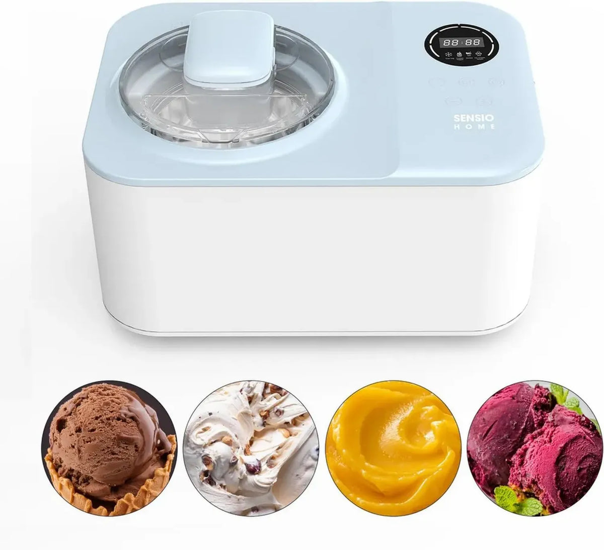 Macchina per Gelato e Dessert Sensio Home, Preparazione Rapida Senza Pre-Congelamento, Gelato, Sorbetto e Yogurt in 40 Minuti, Ricette Incluse, Colore Blu