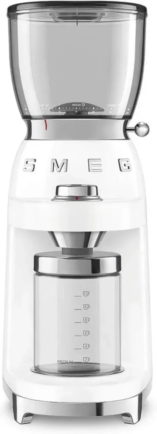 Smeg Macinacaffè CGF01WHEU, Macinatura Regolabile, Contenitore 130g, 6 Funzioni Caffè Americano, Antistatico, 150W, Bianco