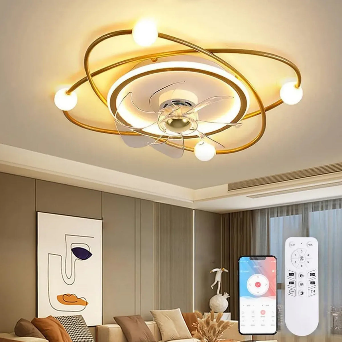 Lampadario con Ventilatore 58CM Dimmerabile, Luce LED 48W con Timer, Ventilatore da Soffitto Moderno per Soggiorno e Camera da Letto, Colore Oro