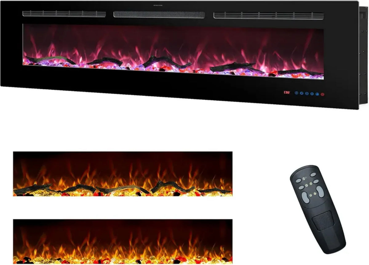 Camino Elettrico da 152 cm, Incasso e Parete, Telecomando, 13 Fiamme Colorate, Legno e Cristallo, Timer 9H