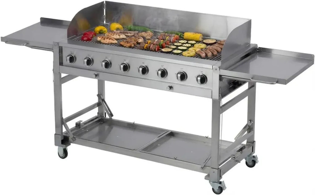 Griglia a Gas in Acciaio Inox con 8 Fuochi, Ripiani Pieghevoli e Ruote, Copertura Inclusa, Color Argento