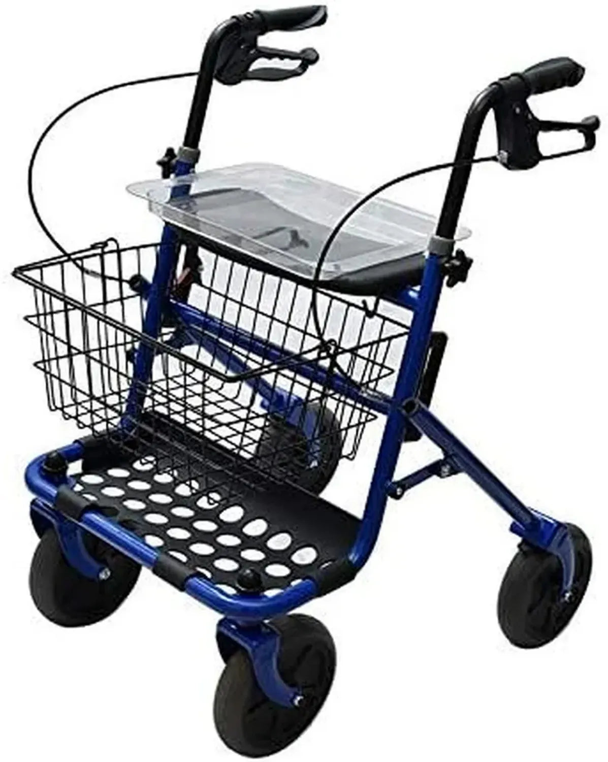 Deambulatore Pieghevole in Acciaio Blu con Sedile e Freni, 4 Ruote