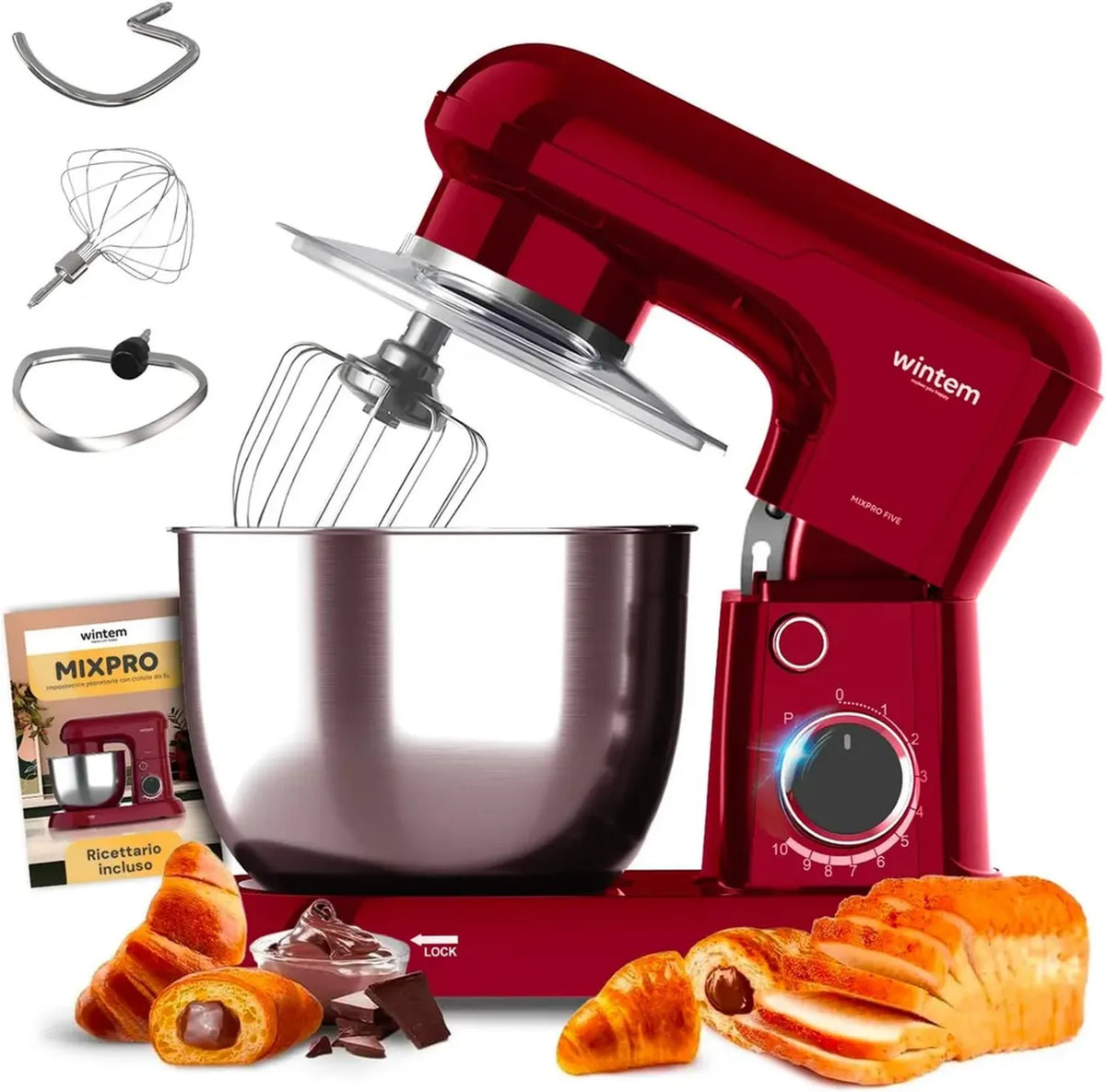 Robot da Cucina Avilia 5L, Rosso - 1500W, 10 Velocità, Silenzioso, Classe II, Accessori Inclusi