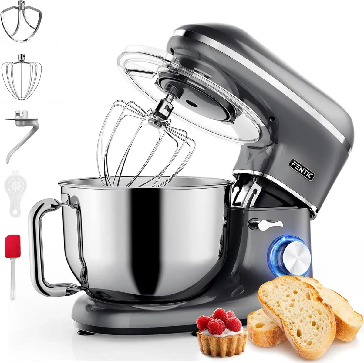 Robot da Cucina Fentic 2000W con Ciotola 6,2L in Acciaio - Frusta, Gancio e Mescolatore - Accessori Extra Inclusi - Colore Antracite